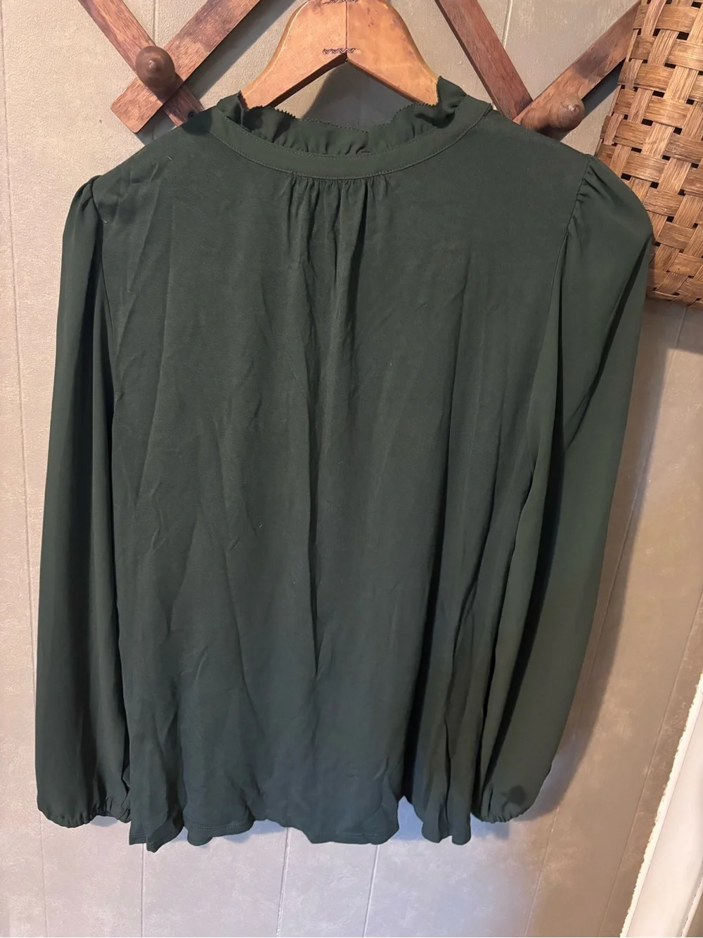 LOFT Dark Olive Ruffle-Trim Henley Blouse